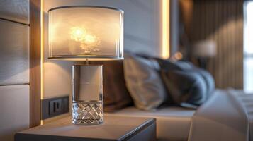 Elegant Table Lamp Illuminating a Cozy Room With Soft Warm Glow During Evening Hours. photo