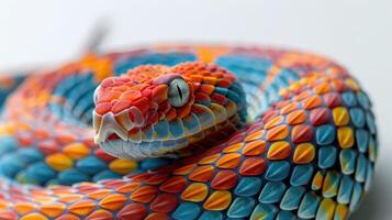 Vividly Colored Snake Coiled Gracefully on a White Surface in Natural Light. photo