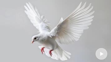 Majestic White Dove Spreading Its Wings in Graceful Flight Against a Clean Background. photo