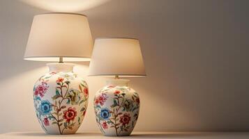 Elegant Floral Table Lamps Illuminating a Cozy Living Room at Dusk. photo