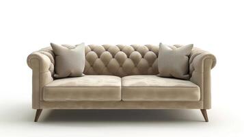 Elegant Beige Chesterfield Sofa With Throw Pillows in Modern Living Room Setting. photo