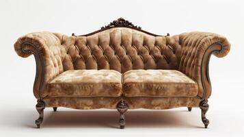 Luxurious Brown Tufted Couch in Elegant Living Room Setting With Warm Lighting and Vintage Accents. photo