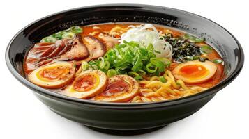 A Steaming Bowl of Authentic Ramen With Soft-Boiled Eggs and Fresh Vegetables Served in a Traditional Black Bowl at a Cozy Noodle Shop. photo