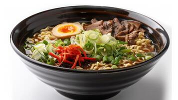 Delicious Bowl of Ramen Noodles Topped With Tender Meat and Fresh Vegetables at Cozy Japanese Restaurant. photo