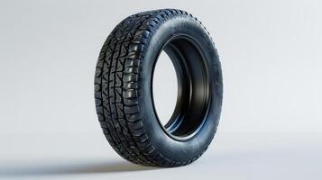 A Unique Perspective of a Isolated Black Tire Against a Minimalistic White Background With Intricate Tread Patterns. photo
