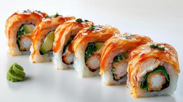 Exquisite Sushi Rolls Displayed Artfully on a White Plate at a Trendy Restaurant. photo