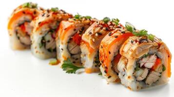 Artfully Plated Sushi Rolls Served With Fresh Herbs and Sesame Seeds on a White Background. photo