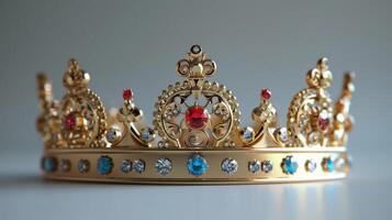 Intricate Golden Crown Adorned With Colorful Jewels Displayed Against a Soft Background. photo