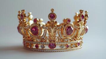 A Majestic Golden Crown Adorned With Pink Gems Displayed Against a Clean Background. photo