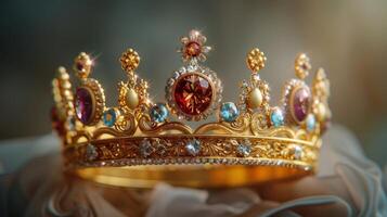 An Exquisite Golden Crown Adorned With Colorful Gems Illuminated Against a Pure White Background. photo