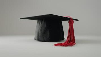 Celebrating Academic Achievement With a Black Graduation Cap and Red Tassel at a June Commencement Ceremony. photo
