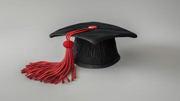 Celebrating Academic Achievement With a Traditional Black Graduation Cap and Red Tassel on a Sunny Day. photo