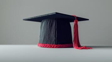 Graduation Cap Adorned With Red Tassel Showcasing Milestone Achievement Ready for Celebration. photo