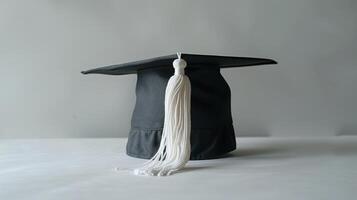 Black Graduation Cap With White Tassel Displayed Against a Plain Background Symbolizing Achievement and New Beginnings. photo