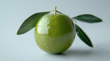 Freshly Picked Green Olive Glimmering With Water Drops Against a Pure White Background. photo