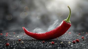 Vibrant Red Chili Pepper Captured Against Bright White Background While Showcasing Its Curved Shape and Glossy Texture. photo