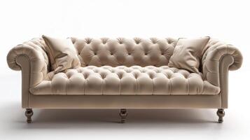 Elegant Beige Chesterfield Sofa With Plush Cushions in a Bright Living Room Setting Under Soft Natural Light. photo