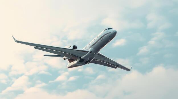 majestuoso chorro se desliza suavemente mediante nublado cielo durante tarde tarde vuelo terminado costero ciudad. foto