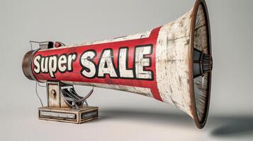 A Vintage Megaphone Announcing A Super Sale Event In A Bustling Urban Marketplace. photo
