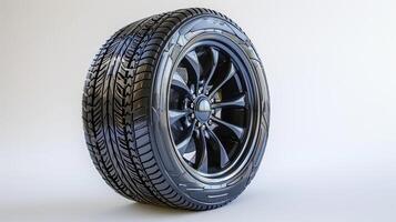 High-Performance Car Tire Displayed on Isolated Background With Distinctive Tread Pattern. photo