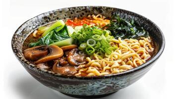 A Colorful Bowl of Noodle Soup With Fresh Vegetables and Toppings in a Cozy Asian Setting. photo