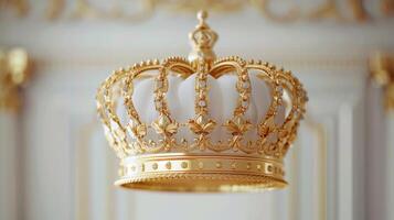 Exquisite Golden Crown Embellished With Glimmering Jewels Resplendent in a Bright White Background. photo
