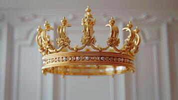 Exquisite Golden Crown Adorned With Brilliant Gems Displayed Against a Simple White Background. photo