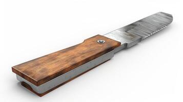 Artisan Wooden Handled Knife Displayed Against a Bright Background in a Well-Lit Workshop Setting. photo
