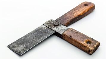Unique Vintage Tool With Wooden Handle Displayed Against A Neutral Background. photo