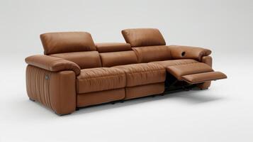 Elegant Leather Reclining Sofa in a Cozy Living Room Setting During Golden Hour. photo