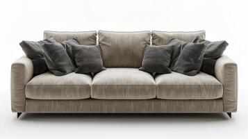 Cozy Living Room Sofa Surrounded by Plush Cushions in a Brightly Lit Home Setting. photo