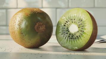 A Fresh Kiwi Halved to Reveal Its Bright Green Flesh and Tiny Seeds on a Plain Background. photo