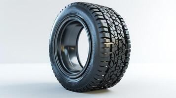 Innovative Vehicle Tire Displayed on a Clean Surface Demonstrating Cutting-Edge Tread Design for Enhanced Performance. photo