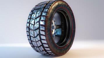 Artistic Close-Up of a Shiny All-Terrain Tire Against a Blank Background in Soft Lighting. photo