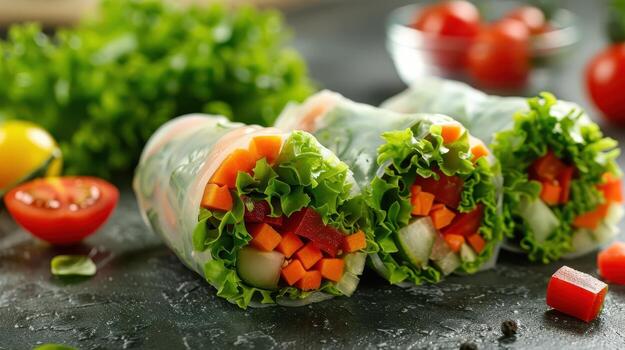 Fresh Vegetable Spring Rolls Displayed on a White Surface Surrounded by Vibrant Colors and Natural Ingredients Ready for Serving. photo