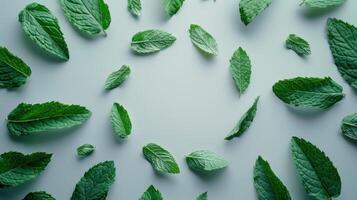 Vibrant Green Mint Leaves Gently Floating on White Background in Artistic Arrangement. photo
