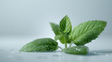 Fresh Mint Leaves Glistening With Morning Dew on a Sunny Day in Spring. photo
