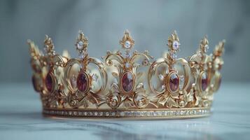 Elegant Golden Crown Adorned With Precious Jewels Situated on a Soft Velvet Background. photo
