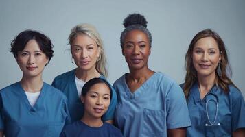 Diverse Group of Female Healthcare Professionals Posing Together in Scrubs for a Team Portrait. photo