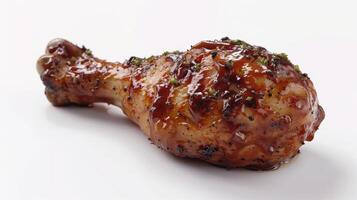 Juicy Grilled Chicken Drumstick Glazed With Spicy Barbecue Sauce on a Bright White Background. photo