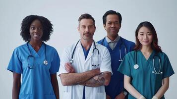 Diverse Group of Medical Professionals Posing Together in Scrubs for Team Photo in Modern Healthcare Setting.