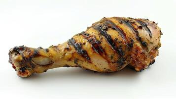 Sizzling Grilled Chicken Leg Garnished With Herbs on Rustic Wooden Table at Summer Barbecue Celebration. photo