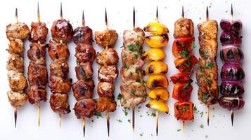 A Colorful Array of Grilled Skewers Showcasing Succulent Meats and Vibrant Vegetables Cooked Over an Open Flame. photo