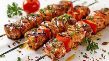 candente A la parrilla pollo brochetas con vistoso campana pimientos y Fresco hierbas a un verano parilla reunión. foto