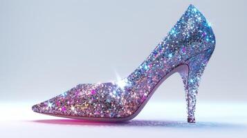 Sparkling High Heel Shoe Drenched in Iridescent Glitter on a Bright Background. photo
