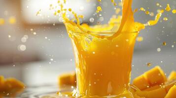 Vibrant Orange Juice Splashing Elegantly From A Glass On A Bright Background. photo