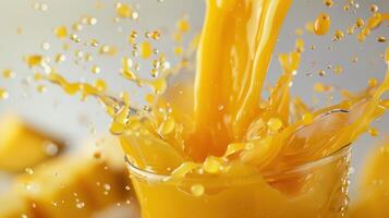 Vibrant Splash of Freshly Squeezed Orange Juice in a Clear Glass Amidst a Bright and Clean Setting. photo