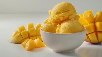 Delightful Scoops of Creamy Mango Sorbet Surrounded by Fresh Mango Chunks in a Bright Kitchen. photo
