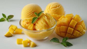 Refreshing Mango Sorbet Served in a Bowl Surrounded by Juicy Chunks of Fresh Mango and Vibrant Mint Leaves in Bright Light. photo