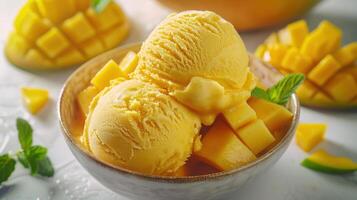 Delicious Mango Sorbet Served in a Rustic Bowl With Fresh Fruit Garnish on a Sunny Afternoon. photo